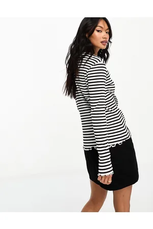 VILA Lettuce edge long sleeved ribbed top in stripe