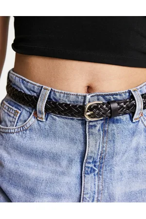 Pieces® Leather woven belt with gold buckle in