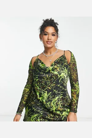 COLLUSION Plus cowl neck neon printed satin mini slip dress with mesh shrug in