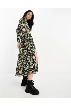 MANGO Long sleeve keyhole side split leg floral printed dress in green and black