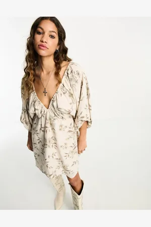 Free People Floral print balloon sleeve boho mini dress in cream