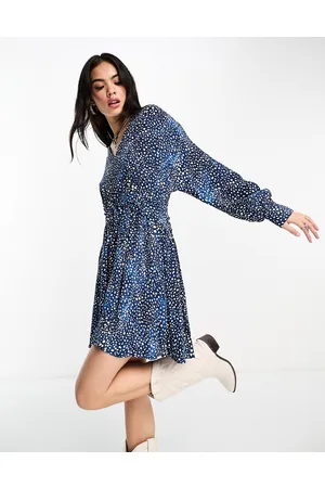 MANGO Long sleeve v neck printed skater mini dress in