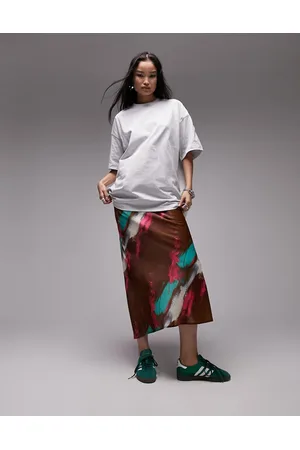 Topshop Satin midi skirt in neon brushtroke print