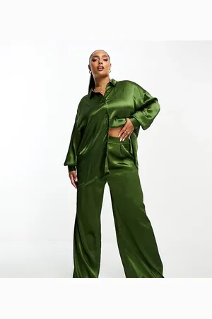 In The Style Exclusive satin textured wide leg trousers co-ord in khaki