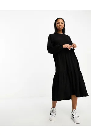 Monki Long sleeve smock midi dress in