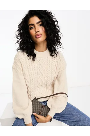 VILA Cable knit jumper with puff sleeves in cream