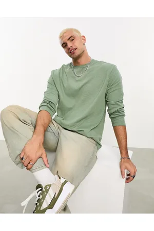 ASOS Design Oversized Polo Long Sleeve T-Shirt in Khaki Acid wash-Green