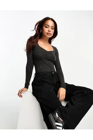 Miss Selfridge Acid wash corset detail long sleeve bodysuit in