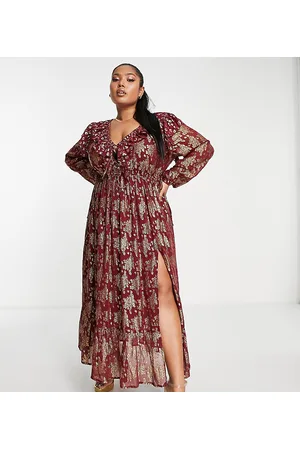 ASOS ASOS DESIGN Curve gathered waist metallic maxi dress with frills in burgundy