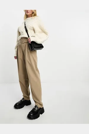 VERO MODA High waist belted tapered trousers in stone