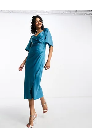 Y.A.S Y.A.S Bridesmaid satin flutter sleeve midi dress in deep teal