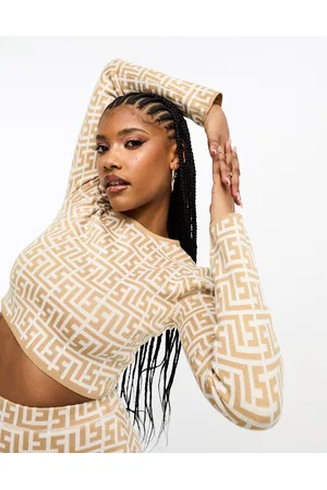 Simmi London Simmi cropped jumper co-ord in beige geo print