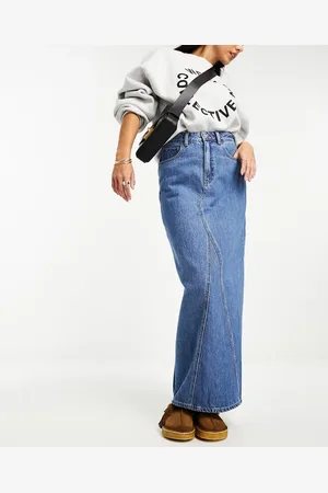 MANGO Denim maxi skirt in mid wash