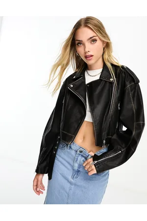 Pull&Bear Oversized fit faux leather vintage wash biker jacket in