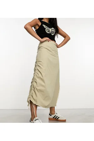 COLLUSION Twill ruched maxi skirt with raw hem in washed khaki