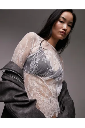 Topshop Long sleeve eyelash lace shell top in ivory