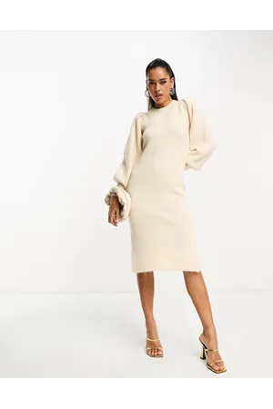 French Connection Puff sleeve knit midi dress in oatmeal