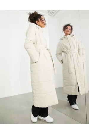 ASOS Longline belted puffer jacket in mushroom