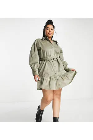 ASOS ASOS DESIGN Curve cord mini shirt dress with buckle in khaki