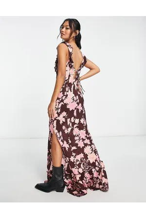 Free People Bloom floral print floaty maxi slip dress in chocolate and pink