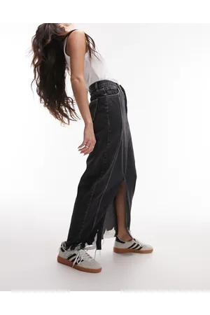 Topshop Denim maxi skirt with ripped hem in washed