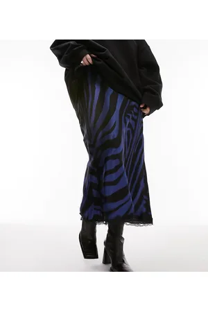 Topshop Curve zebra print satin midi skirt in with black lace trim