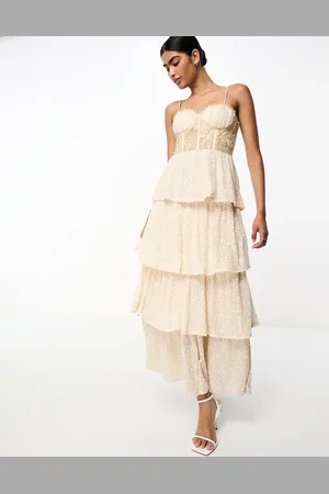 Never Fully Dressed Bridal sequin and lace corset tiered maxi dress in golden ivory