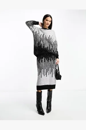 Y.A.S Y.A.S sparkly ombre knitted midi skirt co-ord in silver and