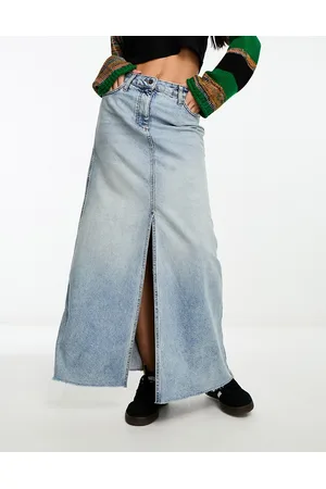 COLLUSION A-line long maxi denim skirt with split front in vintage wash