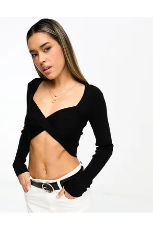 MANGO Twist font detail long sleeve crop top in