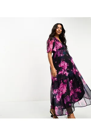 HOPE & IVY Wrap maxi dress with flutter sleeves in purple floral