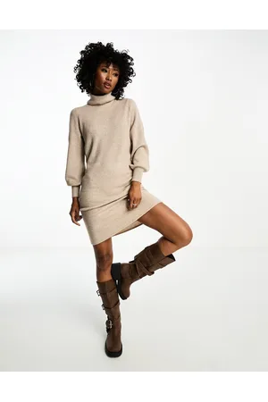 ONLY Roll neck puff sleeve knitted midi jumper dress in beige