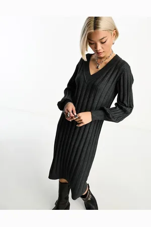 Object V neck knitted ribbed jumper dress in dark