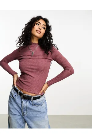 ONLY Lettuce edge high neck ribbed top in dark