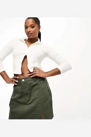 In The Style Exclusive split hem denim mini skirt in khaki