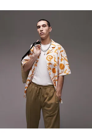 Topman Short sleeve relaxed revere handdrawn abstract shirt in ecru and orange