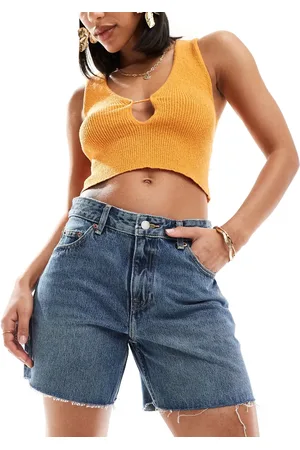 Dr Denim Rose relaxed fit denim shorts in canyon mid used raw hem wash