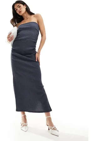 Y.A.S Y.A.S stretch textured denim look beandeau maxi dress in dark blue