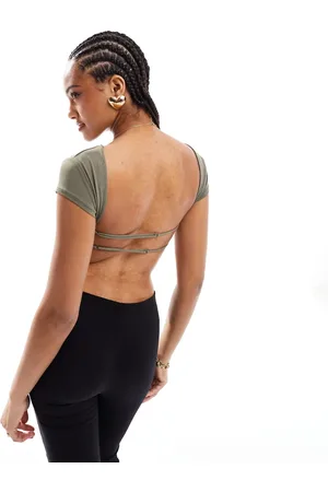 Pull&Bear Second skin polyamide open back t-shirt in khaki