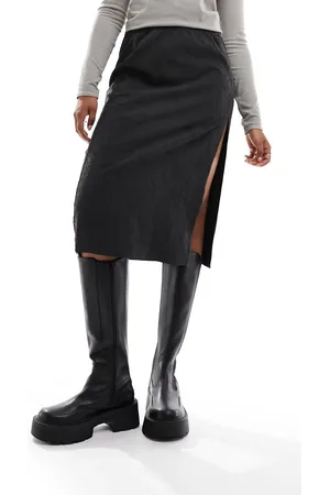 Weekday Priscilla crinkle midi skirt with side split in dark