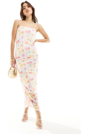 VILA Mesh ruched maxi cami dress in pastel floral print