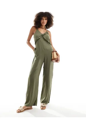 ONLY Strappy frilled wide leg jumpsuit in khaki