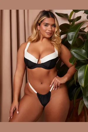 Wolf & Whistle X Natalie Gessey Fuller Bust bikini bottom in and white with contrast detail