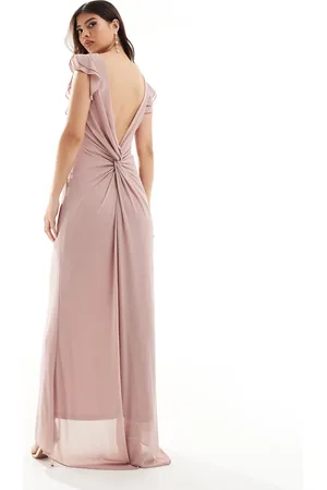 TFNC Bridesmaid chiffon twist back maxi dress with flutter sleeve in soft
