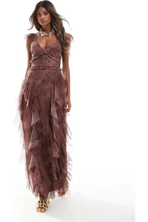 Lace & Beads Ruffle tulle maxi dress in soft animal
