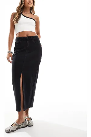 VILA High waisted denim front split midi skirt in wash