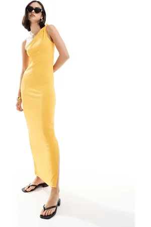 VERO MODA One shoulder ribbed jersey maxi dress in golden