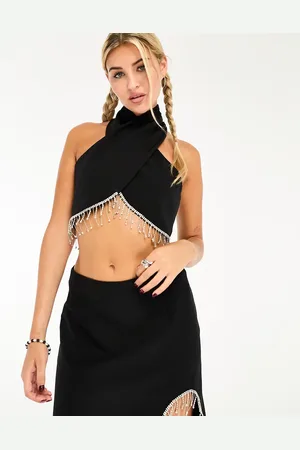 Something New X Lame. Cobain wrap halterneck diamante crop top co-ord in