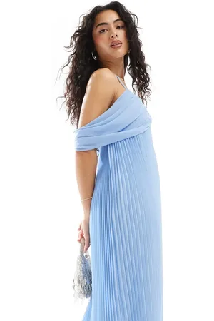 TFNC Bridesmaids cold shoulder chiffon pleated maxi dress in powder