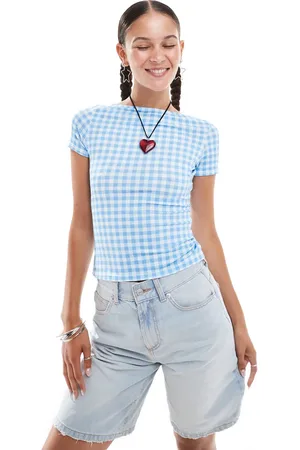 Daisy Street Slinky fitted top in blue gingham check